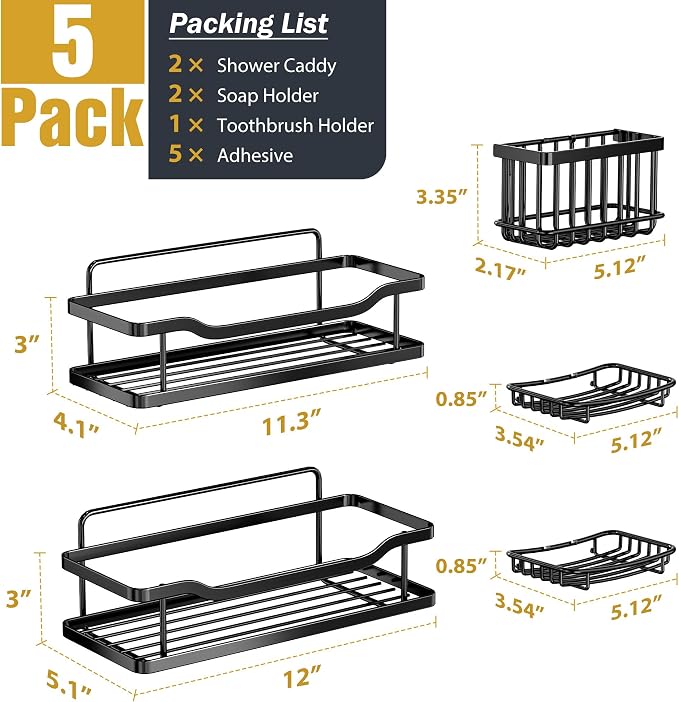 OMAIRA 5-Pack Shower Caddy with Soap Holder, Adhesive Rustproof No-drill Strudy Loading Inside Shower Organizer Shelves Rack Storage Bathroom Organization for Smooth Wall Glass Tile, Black (X-Large)