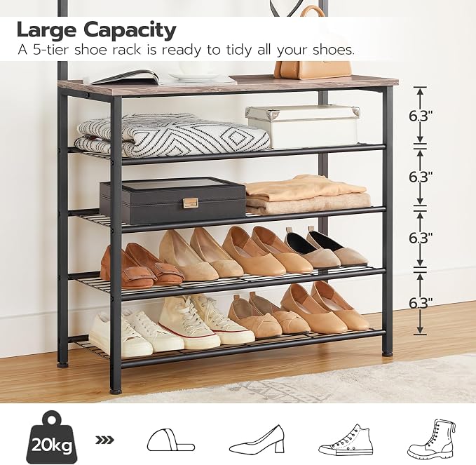 HOOBRO Hall Tree, Coat Rack with Shoe Rack, Hall Tree with Bench, 5 Tier Shoe Storage Organizer with 9 Hooks for Entryway, Closet, Sturdy, Industrial, Greige and Black BG80MT01G2