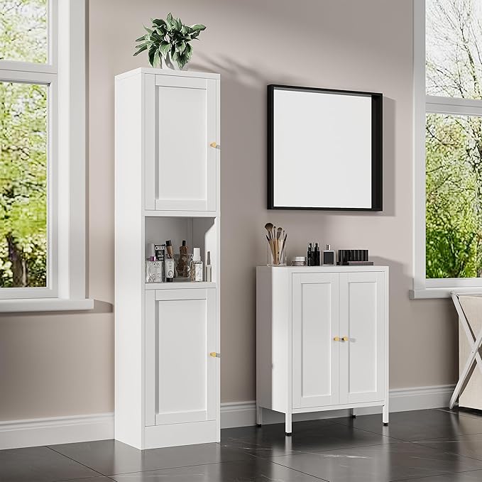 Bevivog Slim Kitchen Pantry Cabinet for Small Space, 67" Tall Narrow Storage Cabinets with Hutch and 3 Adjustable Shelves, Freestanding Tall Slim Bathroom Storage Cabinet