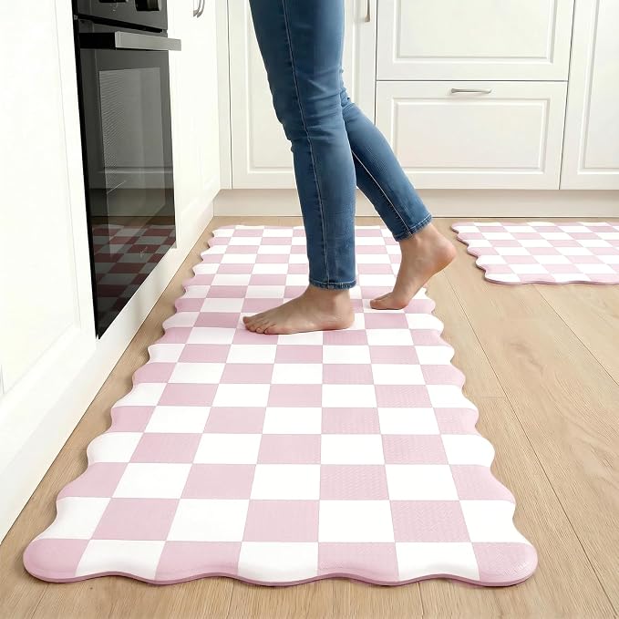 Scalloped Pink Checkered Grid Checkerboard Kitchen Rug Sets [2 PCs], Anti-Fatigue, Waterproof Non-Slip Kitchen Mats Heavy Duty Ergonomic Comfort Foam Rug for Floor, Laundry,17"x29"+17"x47"