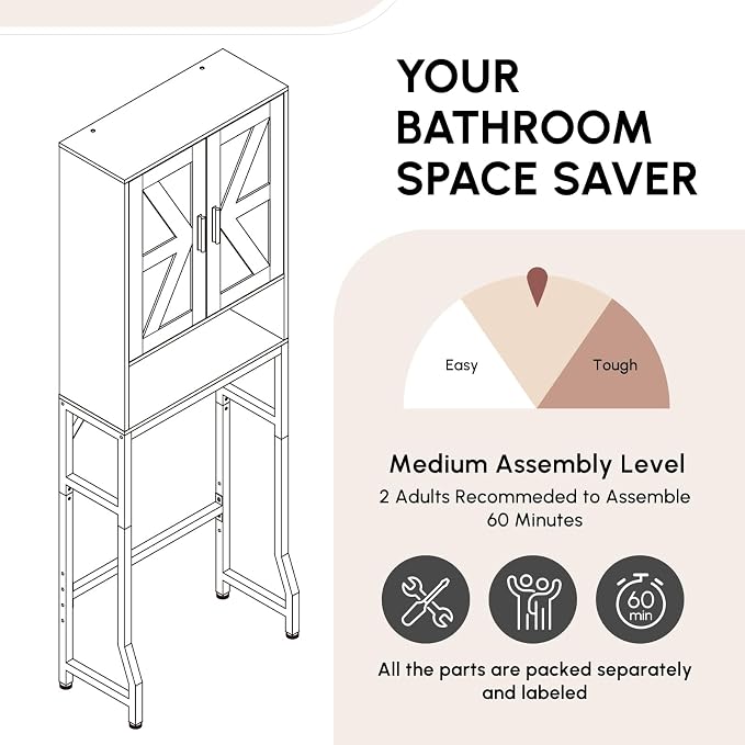 USHOWER Over The Toilet Storage Cabinet, Bathroom Organizers and Storage with Barn Doors, Thicken Metal Stand & MDF Wood Above Toilet Storage Cabinet, Freestanding Space Saver, Brown