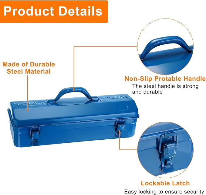 HARFINGTON Tool Box 16.5" Portable Steel Tool Box Hip Roof Style with Metal Latch Closure Tool Chest for Household Workshop Car, Blue
