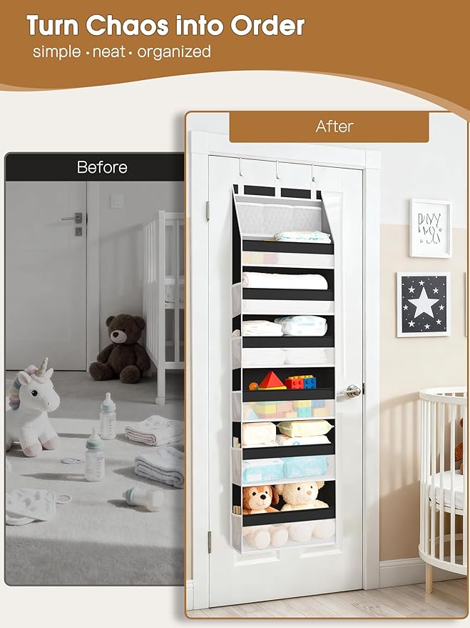 Criusia 2 Pack Over the Door Organizer, Heavy-Duty 6-Shelf Hanging Storage with 13 Mesh Pockets, 55lbs Capacity Behind the Door Storage for Nursery, Bathroom, Bedroom, and Dorm, Black