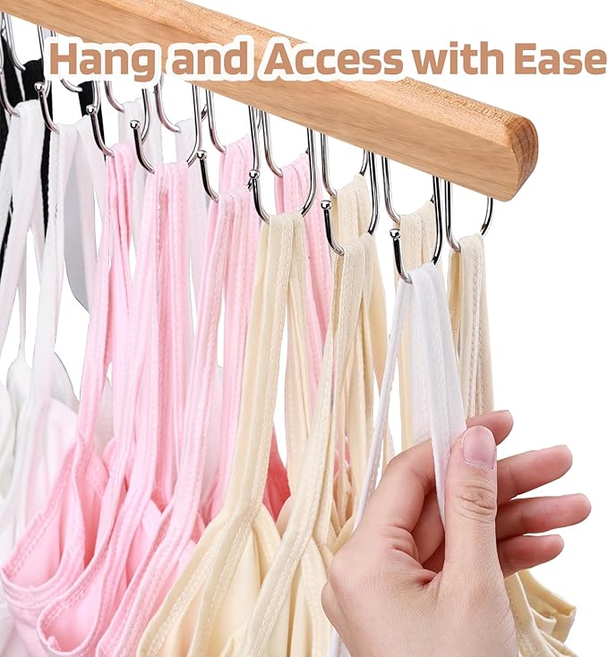 NECAMOCU 2 Pack Bra Hanger for Closet Organizer, Premium Wooden Tank Top Hangers with 36 Foldable Hooks, 360° Rotating Design, Space Saving Storage for Tank Tops, Bras, Scarves and More