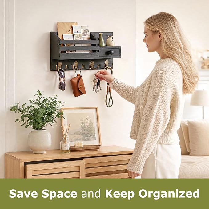 Key Holder Wall Mount, Wooden Adhesive Mail and Key Organizer with Drawer, Small Shelf, 8 Hooks, 2 Installation Methods, Black