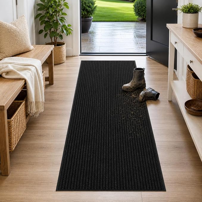 Ottomanson Hallway Runner Rug 2' x 6' Durable Non-Slip Mat with Scraper Pile for Indoor & Outdoor Use - Ideal for Kitchen, Entryway, Patio & Garage - High-Traffic Carpet, Black