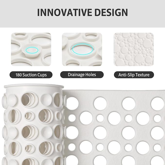 XIYUNTE Shower Mat Non Slip Bath Mat for Tub - 35" x 16" Soft TPE Bathtub Mat Non Slip Shower Mats for Inside Shower, Anti Slip Shower Mat with Suction Cups, Quick-Drying Bath Tub Mat, White