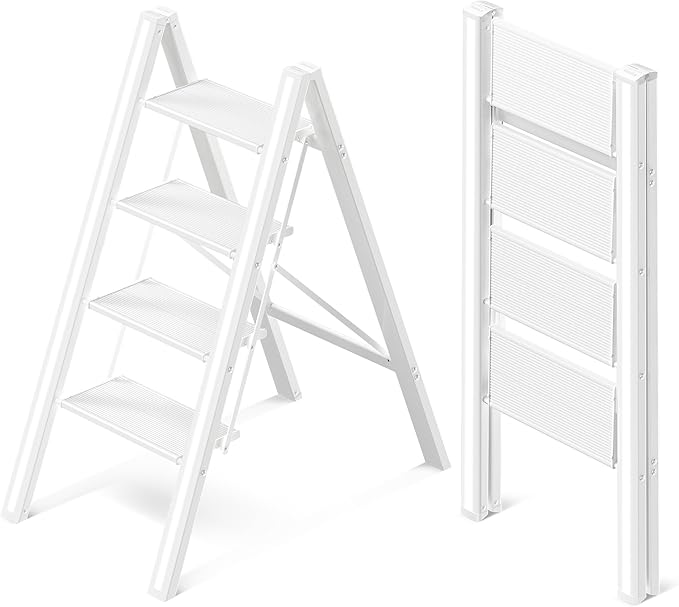 4 Step Ladder, Aluminum Folding Step Stool with Anti-Slip Sturdy and Wide Pedal, Lightweight Portable Stepladder for Home and Kitchen Use, Cream White, 330 lbs