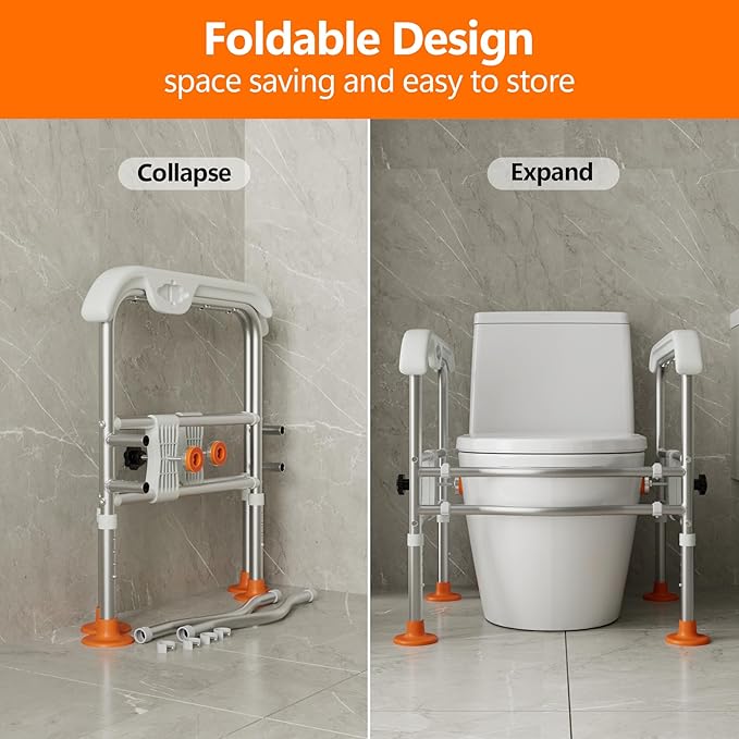 Emergency Alert Toilet Safety Rails for Seniors (665lbs), Adjustable LED Toilet Frame with Call Bell & Handles for Elderly, Foldable Handicap Toilet Aid Support for Most Toilets, Stand Up Assist
