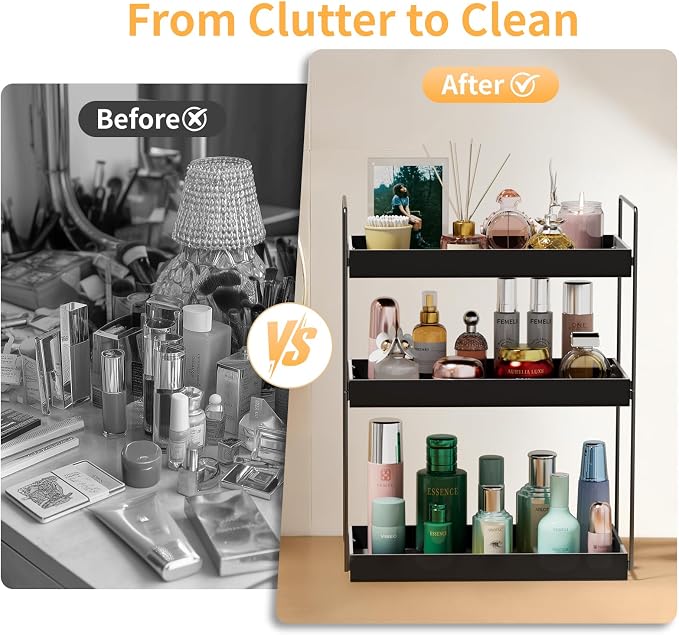 Bathroom Countertop Organizer, 3 Tier Metal Vanity Counter Skincare Shelf, Matte Black Under Sink Standing Rack With Acrylic Tray, Home Storage Holder For Lotion Makeup Cosmetics Perfume Spice