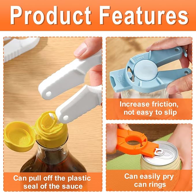 3 Pack Plastic Bottle Cap Opener, 3 in 1 Multi-Purpose Water Bottle Opener, Water Bottle Opener for Arthritic Hands or Home, Kitchen, Camping, and Outdoor Adventures, (Orange, Blue, White)