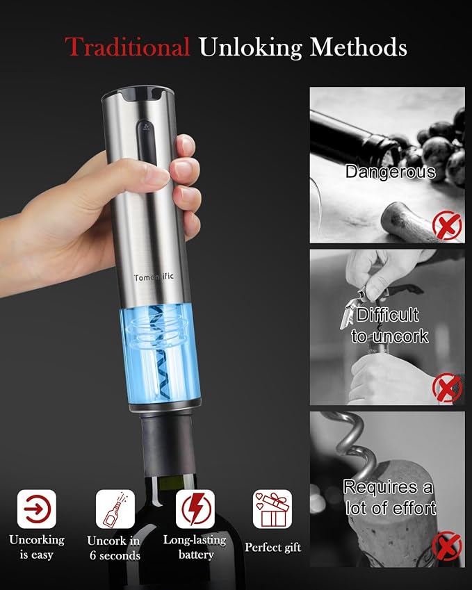Electric Wine Opener Tomentific, Rechargeable Automatic Wine Corkscrew Bottle Opener With Foil Cutter, Type-C Charging Wine Openers With LED Light For Home Party Wedding Gifts (Stainless Steel)