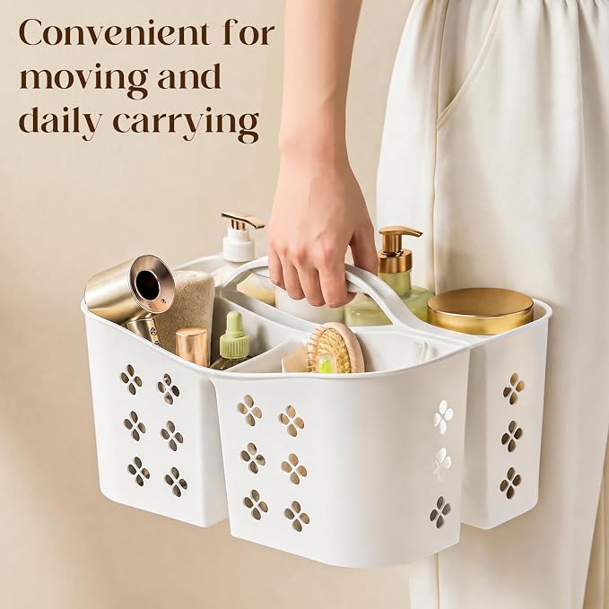 Portable Shower Caddy with Handle, Large Capacity Shower Basket Organizer, Quick-Drain Bathroom Storage Tote, Durable Plastic Shower Organizer for College Dorm, Beach, Gym, Travel Essentials, White