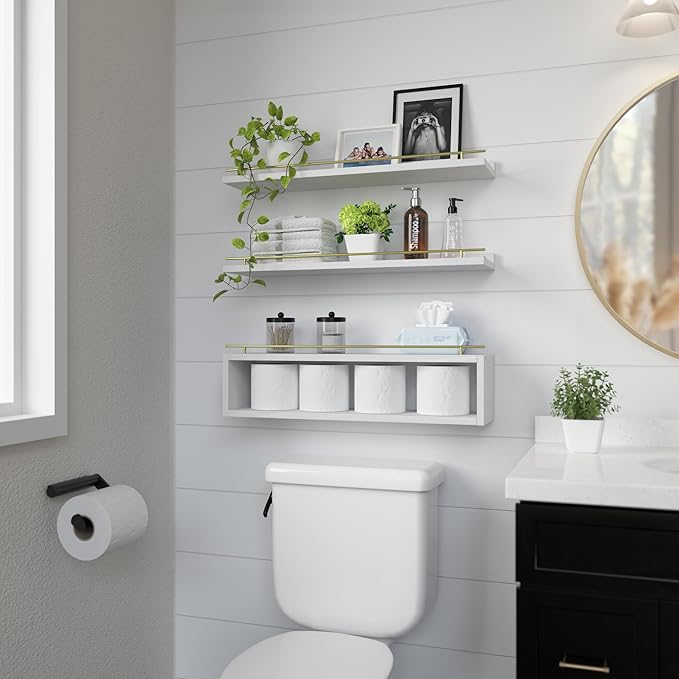 WOPITUES Floating Shelves for Wall 24 inch with Cube Shelf, Wall Shelves with Metal Rail for Decor, Bathroom Organizers and Storage, Over Toilet Shelves for Bathroom, Toilet Paper-White&Gold