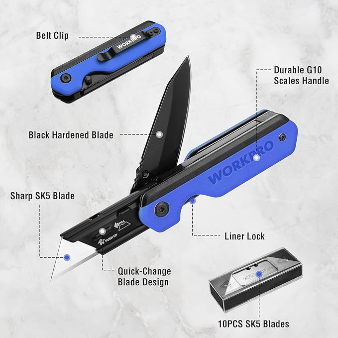 WORKPRO 2-in-1 Folding Knife/Utility Knife, Quick-Change Box Cutter with Belt Clip, Liner Lock, and G10 Handle, Extra 10 SK5 Blades Included, Blue