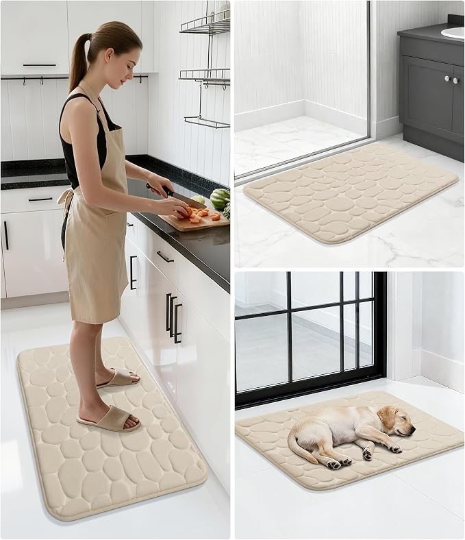 YIHOUSE Memory Foam Runner Rug, Cobblestone Bathroom Runner Rugs Super Water Absorbent Bath Mats for Bathroom Machine Washable Bath Rugs for Hallway Bedroom Laundry Room(20 x 47,Khaki)