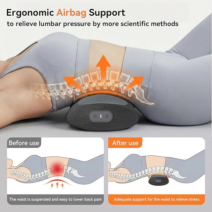 Yunari 3-in-1 Wireless Back Massager, Dual Airbag Decompression Lumbar Support Pillow with Adjustable Heat, Vibration & Traction, Ergonomic Support for Lower Back Pain Relief, Home Office Travel Car