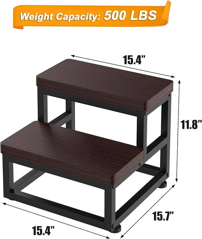 Step Stools for Adults Kids, Heavy Duty Stepping Stool Wooden Bed Step Stools for High Beds, Non-Slip 2 Bedside Foot Stool with 500 Lb Capacity for Bedroom Kitchen Bathroom Outside,Easy Assembly,Teak