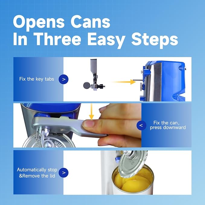 Davivy Electric Can Opener, One Touch Lid Opening, Removable Stainless Steel Cutter and 3-in-1 Design, with Sharpener and Bottle Opener, Stainless Steel-Blue)