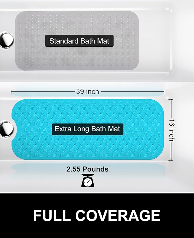 OTHWAY No Suction Cup Bath Mat: 39x16 inch Extra Long Bathmat│Perfect for Refinished or Ordinary Bath Tubs│Made of Nature Rubber│a Blessing for the Elderly and Children (Blue)