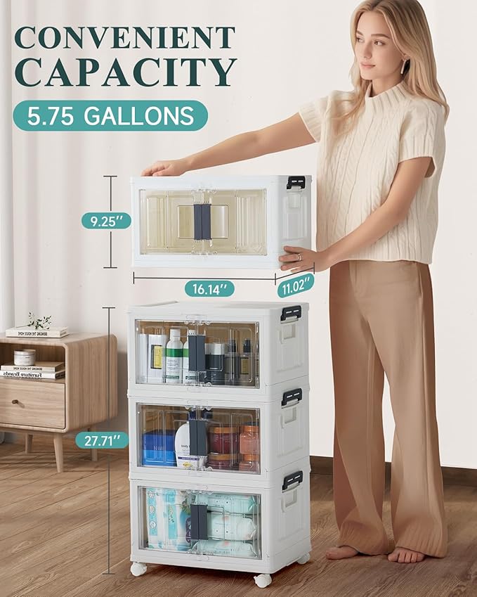 OlarHike 23QT Stackable Lockable Storage Bins with Lids - Folding Storage Box with Doors & Wheels, Collapsible Plastic Organizers for Closets, Dorm, School, Office, Drawers, Bathroom, Gifts, 3 Pack