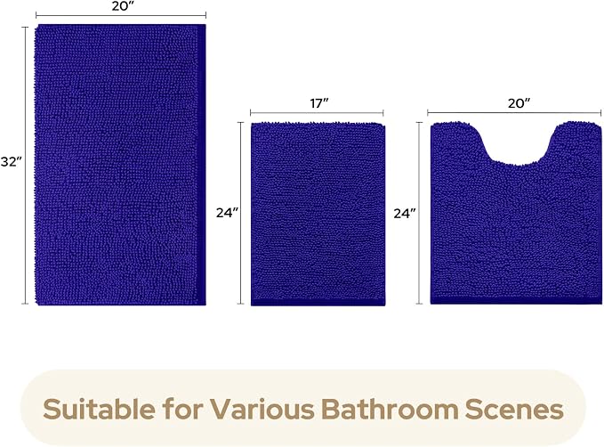 HOMEIDEAS 3 Pieces Bathroom Rugs, Ultra Soft Non Slip Absorbent Chenille Toilet Bath Mat Set (Royal Blue)