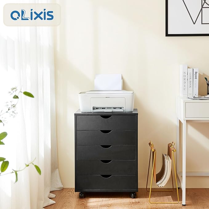 OLIXIS 5 Drawer Mobile File Cabinet Under Desk Storage Organization with Wheels Vertical Filing Chest Rolling Wood Small Desk Printer Stand for Home Office, 15.75"D x 18.74"W x 25.39"H, Black