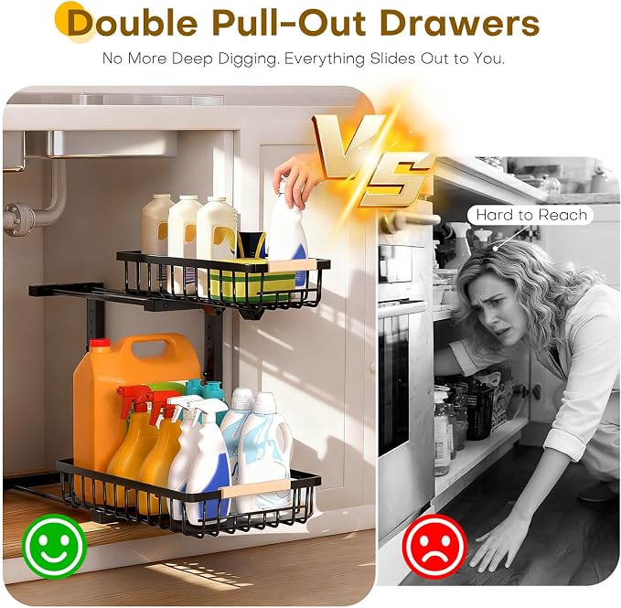 Under Sink Organizer, Heavy-Duty & Rust-Resistant Carbon Steel Metal, 2 Tier Pull Out Under Bathroom Sink Storage, Adjustable Height (13.8" -16.9"), Organizer for Kitchen Cabinet(2PCS,Black)