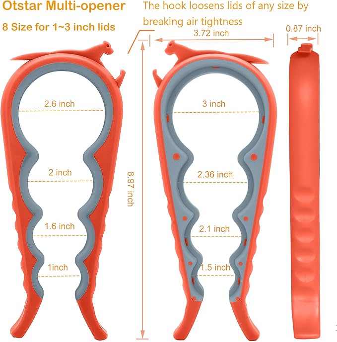 Otstar Jar Opener Bottle Opener and Can Opener for Weak hands, Seniors with Arthritis and Anyone with Low Strength, Mutil Jar Opener Get Lids Off Easily (Orange)