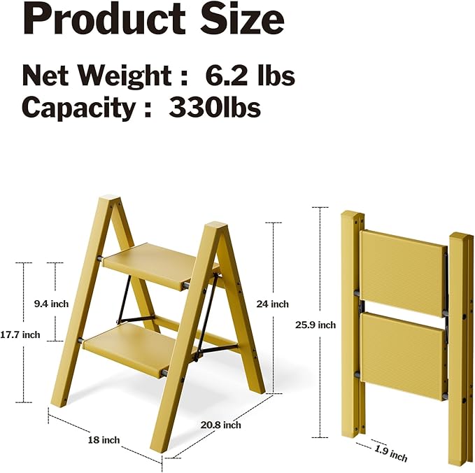 2 Step Ladder, Aluminum Lightweight Folding 2 Step Stool with Anti-Slip Wide Pedal,330lbs Capacity Steel Ladder for Household and Office(Soft Dusk Yellow)