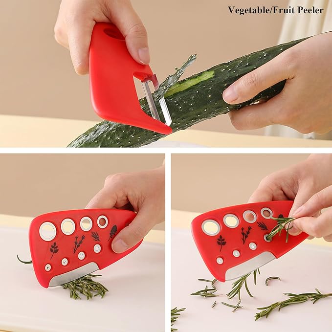 Kitchen Gadgets Set 6 Pieces, Space Saving Cooking Tools Kitchen Accessories-Garlic Grinder, Cheese Grater, Vegetable Peeler, Pizza Cutter, Herb Stripper, Bottle Opener, Gadgets Gift Set (Red)
