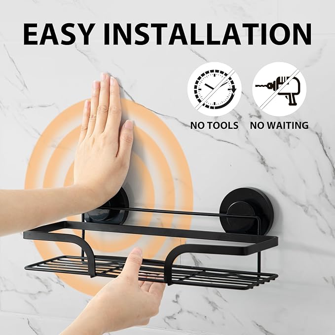 LEVERLOC 2 Pack Shower Caddy Suction Cup, Shower Shelves for Inside, Rustproof Metal Bathroom Storage NO-Drilling Bath Organizer with Large Capacity,Heavy Duty Storage Basket,Home Decor,Black
