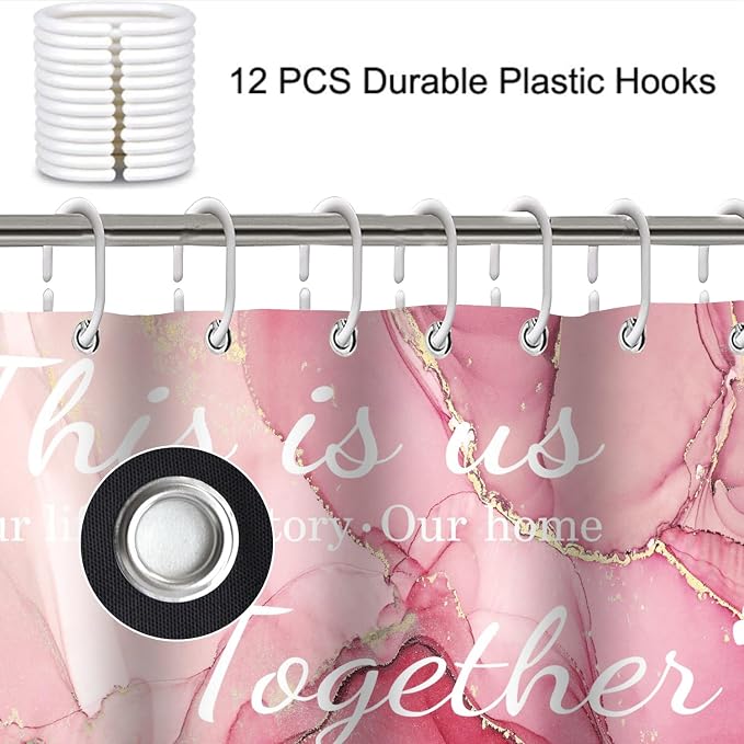 4Pcs Family Marble Shower Curtain Set,Light Pink Home Inspirational Bathroom Sets with Shower Curtain and Rugs, Bathroom Decor Set,Waterproof Bathroom Curtains Shower Set,with 12 Pcs Hooks