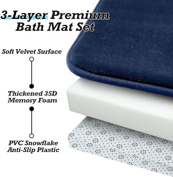 HUXMEYSON Bathroom Rugs Sets 3 Piece, Non-Slip & Quick Dry Bath Mat Set, Ultra Soft Velvet Bath Rugs for Bathroom, Toilet and Shower Floor, Navy