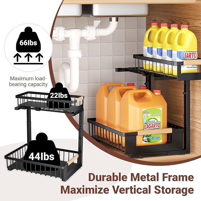 Under Sink Organizers and Storage, 2 Pack L-Shaped Pull Out Cabinet Organizer, 2 Tier Sliding Storage Rack with Adjustable Height, Metal Under Sink Shelf for Kitchen, Bathroom, Pantry, Black