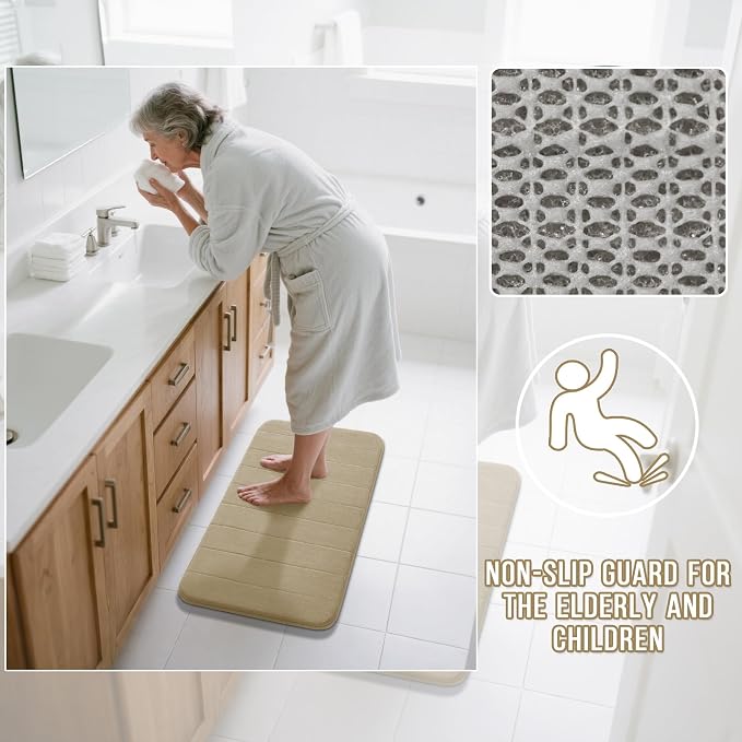 Yimobra Memory Foam Bath Mat Set 3 Pieces- Super Soft Absorbent Quick Dry Bathroom Rug Sets, Machine Washable Non Slip Floor Carpet for Tub Shower, Vanity & Toilet Base, Pale Khaki