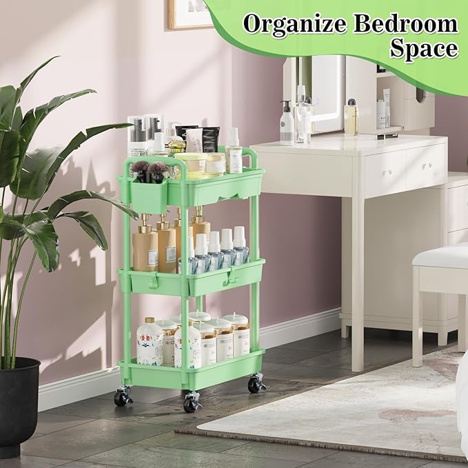 SUNALLY 3-Tier Rolling Cart with Drawer & Lockable Wheels, Bathroom Storage Organizer Multifunctional Rolling Storage Cart for Bathroom, Kitchen, Office, Craft, Makeup, Baby Essentials, Green
