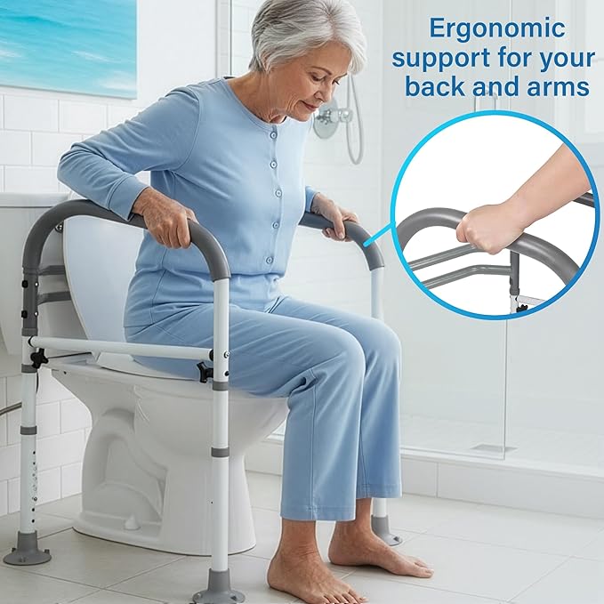 Vaunn Medical Adjustable Toilet Safety Rail for Seniors, Foldable Toilet Safety Frame for Elderly Adults, Bathroom Grab Bar Handle, Toilet Handle for Elderly & Disabled, Free-Standing (Gray)