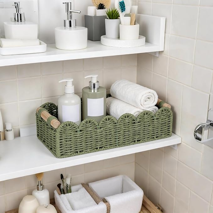 CubesLand Scalloped Edge Decor Baskets for Home, Living Room, Toilet Paper Storage Basket for Over Toilet Shelf, End Table,Shelves and More, Small Paper Rope Baskets Both Storage&Decor, Set 2 Green