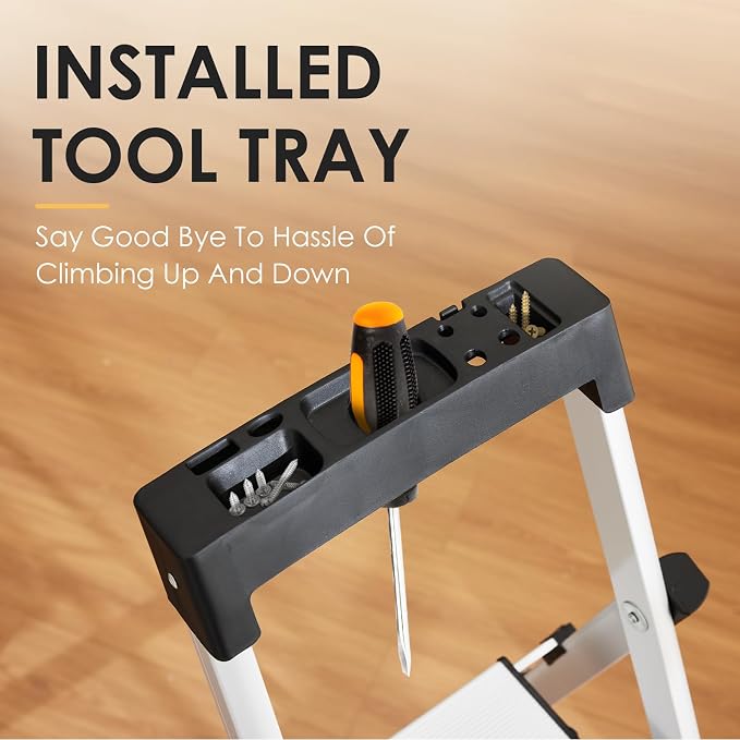 HBtower 4 Step Ladder, Lightweight Aluminum Ladders for Home with Tool Tray, Anti-Slip Folding Step Stool for Adults, Strudy Portable 330LBS Capacity