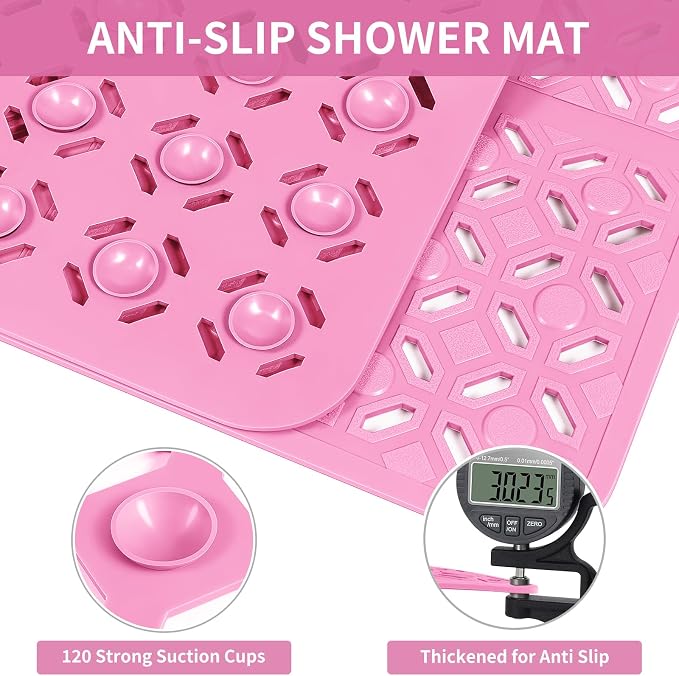 OTHWAY Square Shower Mat, 27"x 27" Extra Large Shower Mats for Inside Shower, TPE Anti Slip Shower mat with Suction Cups Drain Holes, Machine Washable Shower Floor Mat (Pink)