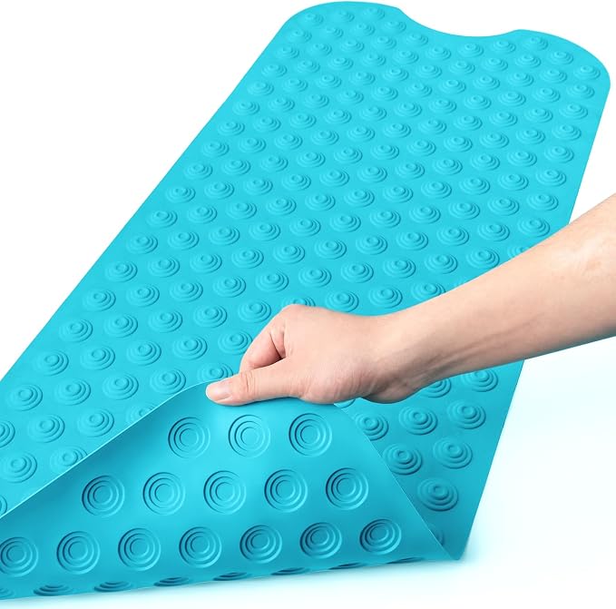 Bligli Bathtub Mat Non-Slip Without Suction Cups, 39x16inch Extra Long Bath Mats for Shower Bathroom, Machine Washable Natural Rubber Shower Tub Mat (39x16inch, Blue)