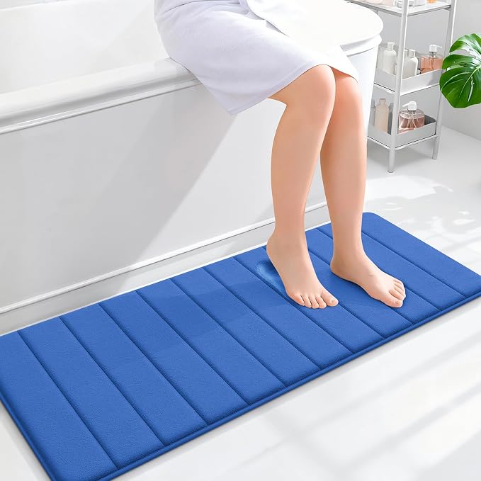 OLANLY Memory Foam Long Bathroom Rugs Runner 47x17, Super Soft Absorbent Bath Mat, Quick Dry, Machine Washable Shower Rugs, Bathmat Carpet, Bathroom Home Decor Accessories, Deep Navy Blue