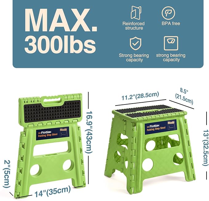 Flottian 13" Folding Step Stool for Adults and Kids Holds Up to 300 lbs,Non-Slip Folding Stools with Handle, Compact Plastic Foldable Step Stool for Bathroom,Bedroom, Kitchen,Grass Green,1PC