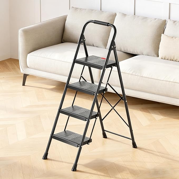 TOOLF 4 Step Ladder Folding Step Stool with Handrail, Heavy Duty Steel Ladder, Anti-Slip Wide Steps, Safe Lock, Portable Ladder for Home Kitchen Garage, Black