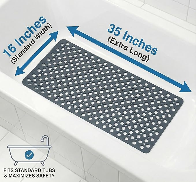 Nonslip Bathtub Mat Extra Soft TPE Bath Mat for Kids, Machine Washable Bathroom Shower Mat (Gray/ 35L x 16W Inch)