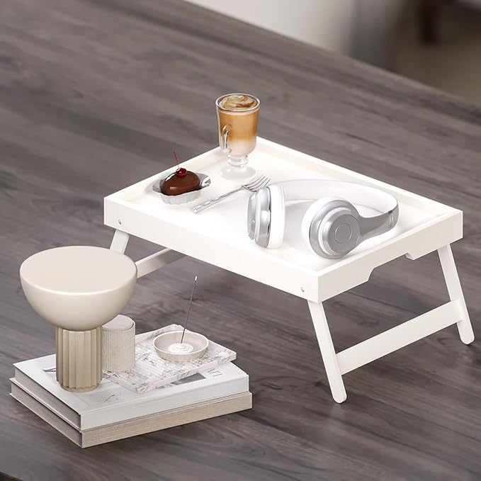 Fibogollo 2 Pack Bamboo Bed Tray Table with Folding Legs,Breakfast Trays,Serving Tray for Food and Snack,Laptop Trays for Working(White)