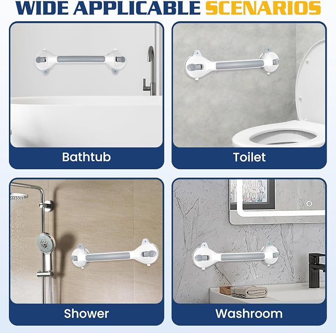 KVANT Shower Grab Bars for Seniors, 16.5 Inch Shower Handle (Gray White) | Safety Signal Indicators, Strong Suction Cup, Easy Installation, No Drill, Removable, Anti-Slip, Waterproof