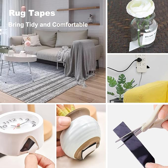 Rug Tape 12 Pcs Carpet Gripper Carpet Tape for Hardwood Floors Non Slip Rug Pad Grippers Rug Stickers Never Curl Rug Corner Gripper Rug Stoppers to Prevent Sliding Reusable Washable Black