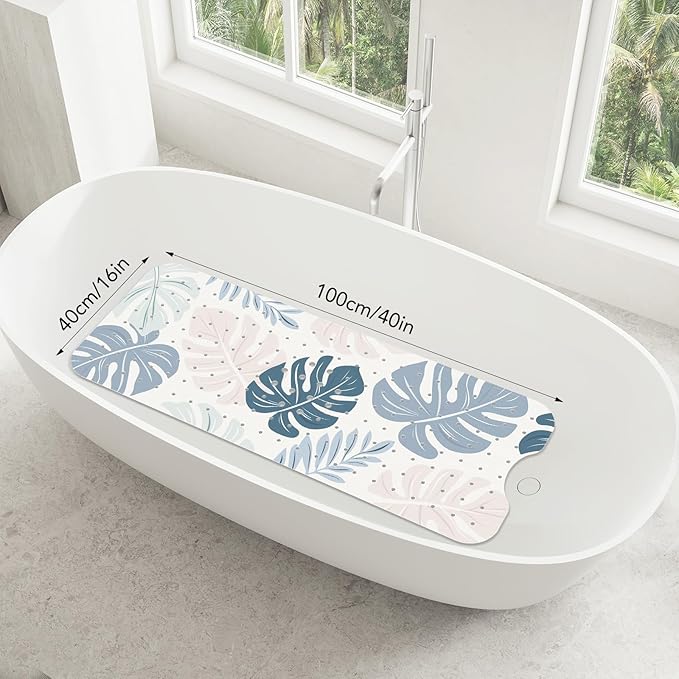 SHUCHING Blue Bath Mat for Tub Non Slip-40 X 16 Inch, Boho Leaf Non Slip Bathtub Mat for Elderly Mold Free, Long Shower Mat for Inside Shower, Machine Washable
